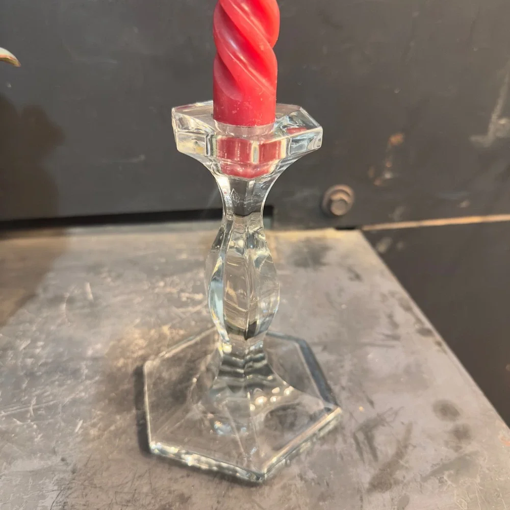 Clear Crystal Taper Candle Holder Hexagon Base Faceted Stem Elegant Table Decor‎